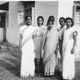 Students outside the first women’s hostel, c. 1945. (L-R) Rajeswari Chatterjee, Roshan Irani, M Premabai, Miriam George, and Violet D’Souza (later Violet Bajaj).